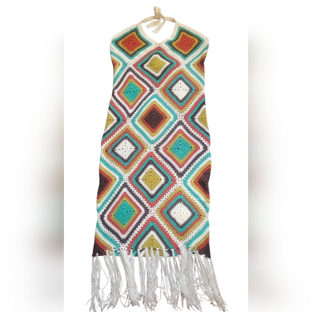 D'IYANU Handmade Crochet Diamond Pattern DRESS in Multicolor